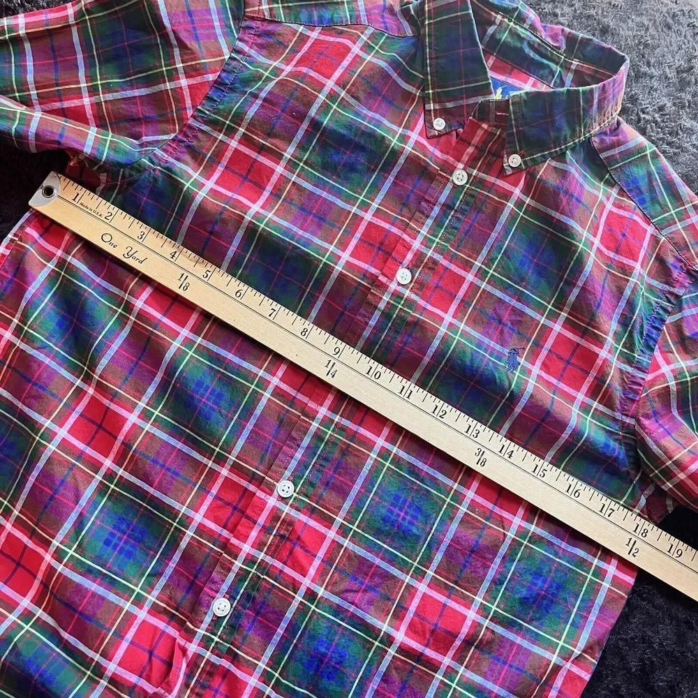 Ralph Lauren Red Green Purple Christmas Plaid Long Sleeve‎ Shirt Boys L 14-16
